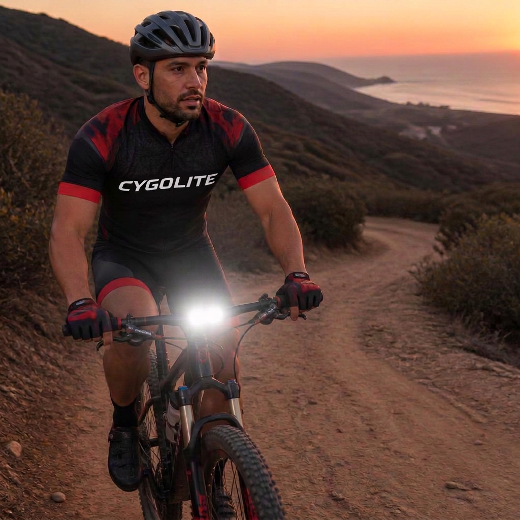 Mountain cyclist in a Cygolite jersey on a coastal fire road at sunset with headlight lit