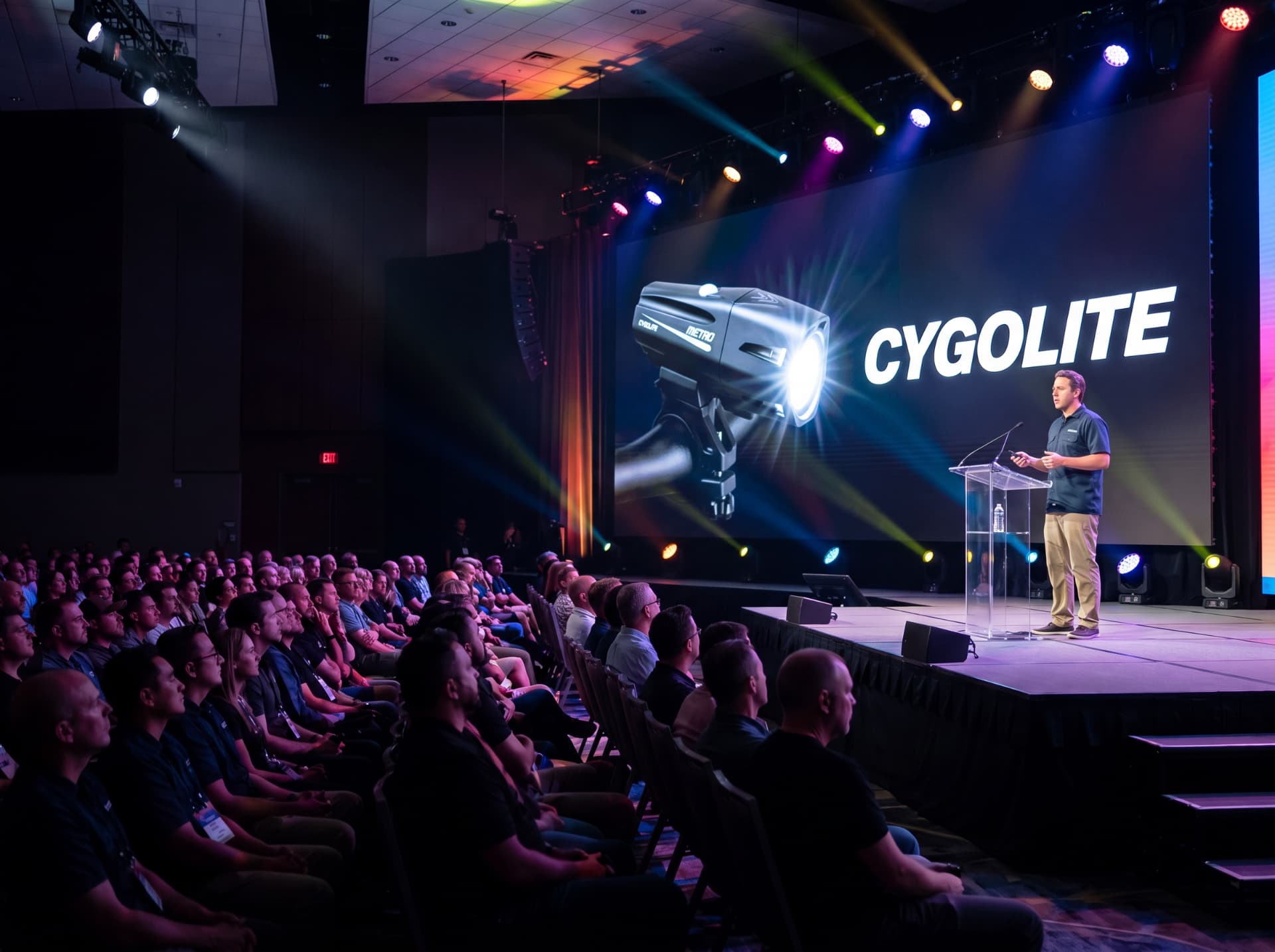 Cygolite presenter on a keynote stage with a Metro headlight on the big screen